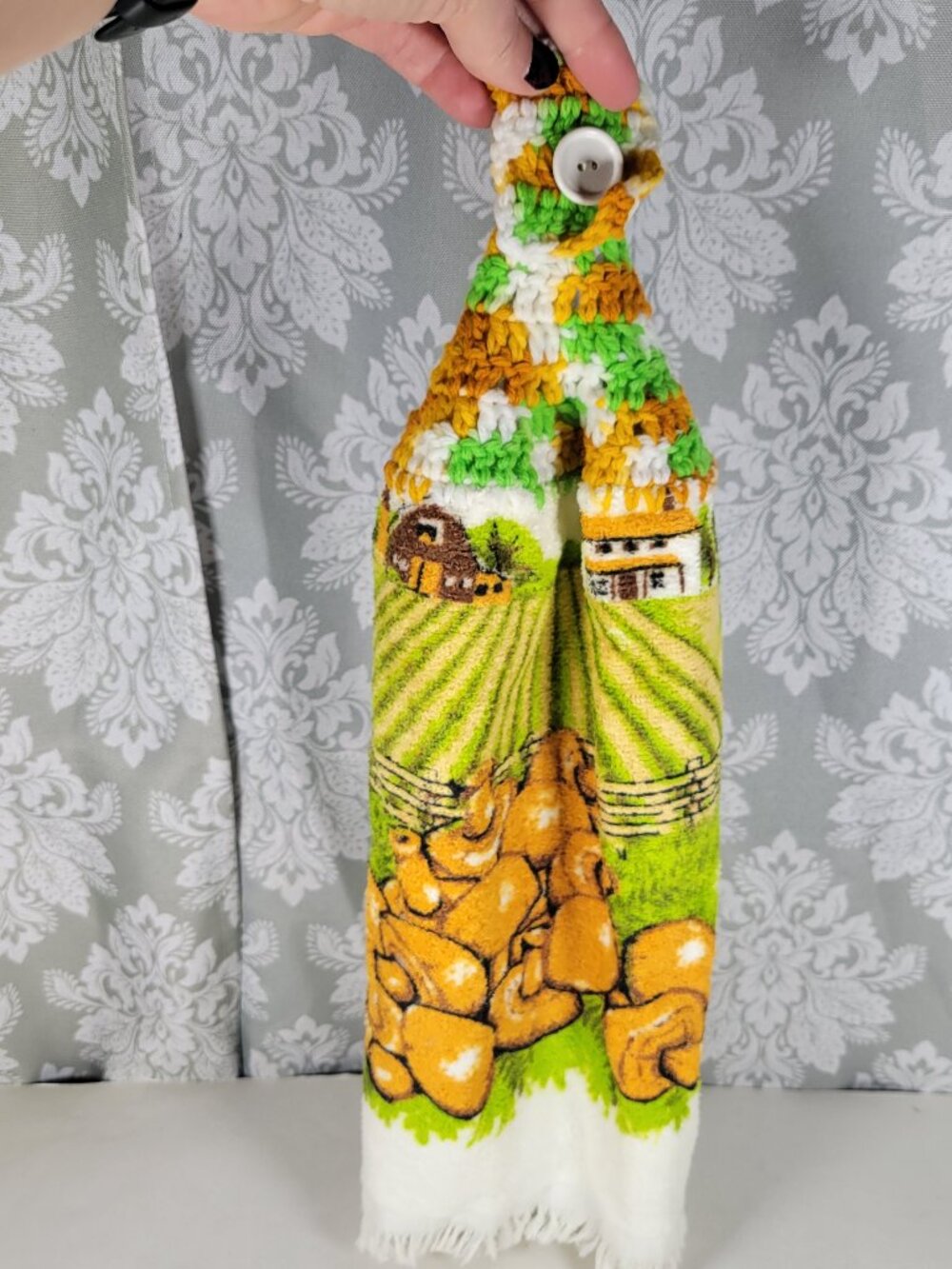 Vintage Mushroom Hand Towel with Crochet Topper w/Button